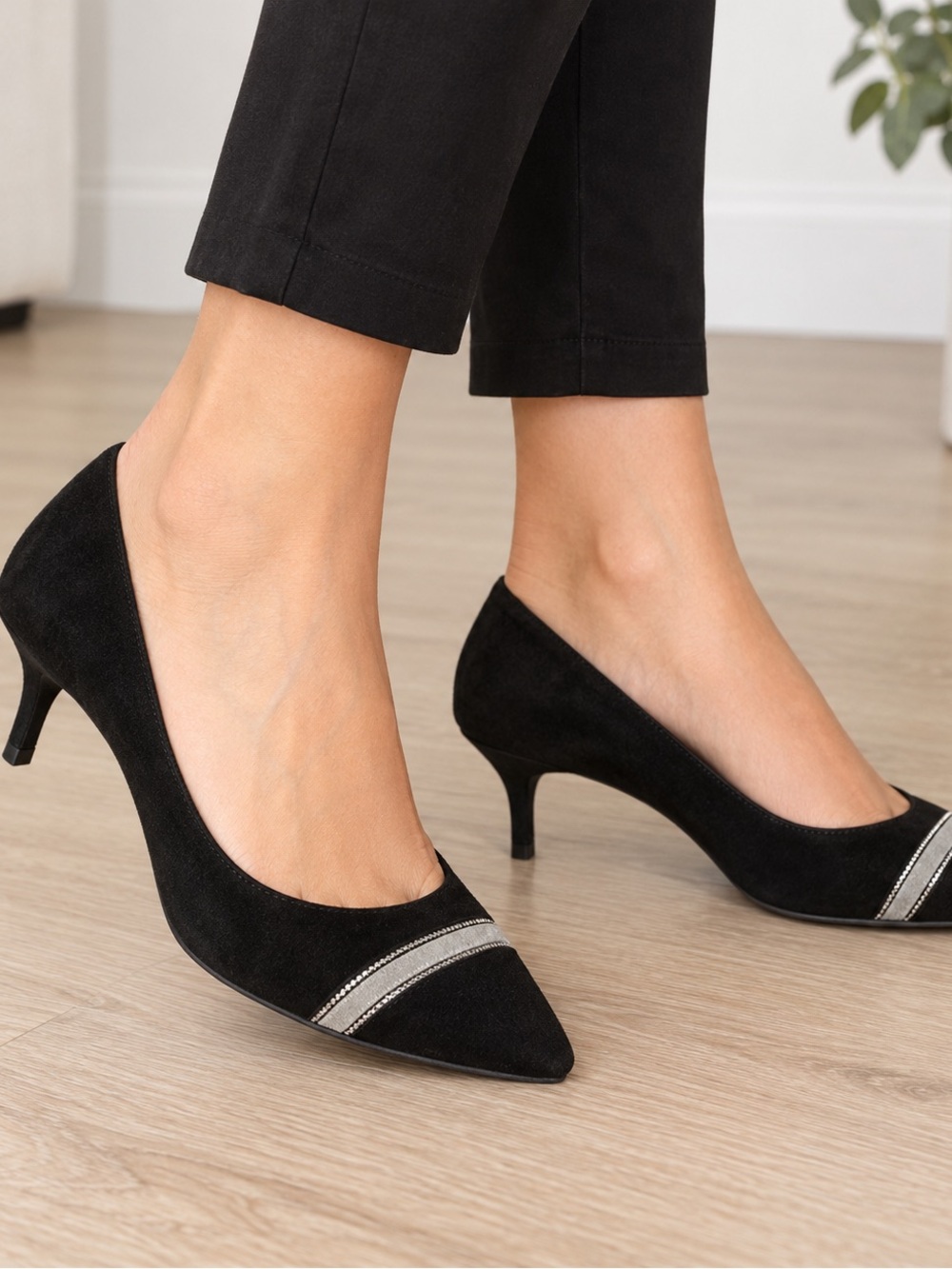 Giorgio Armani Black Suede Pointed Pumps with Silver Accent
